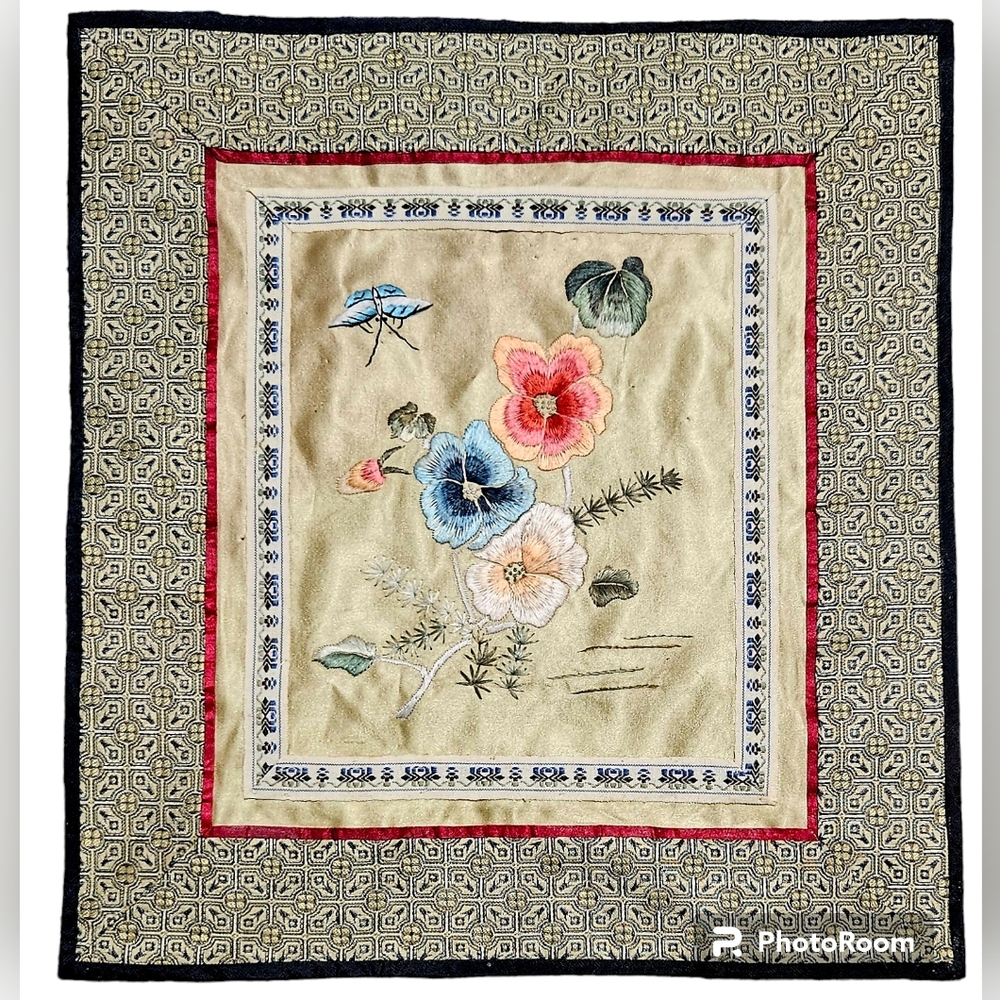 Vintage Chinese Hand Embroidered Flowers And Butterfly Silk Panel